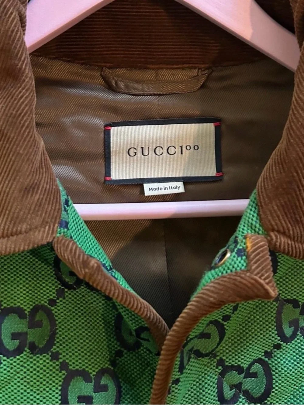 Rare Gucci Men’s 100th collection Green GG Quilted Jacket with Brown Trim